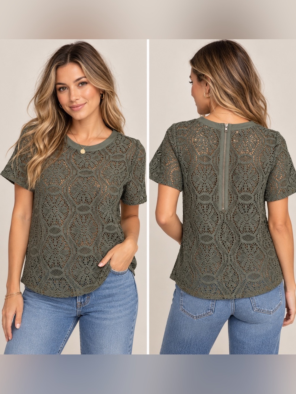 Banana Republic Olive Green Crochet Lace Short Sleeve Top M Back Zip